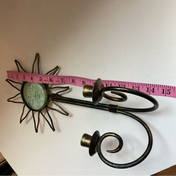 Vintage Metal & Glass Sun Wall Sconce Double Taper Candle Holder - Picture 7 of 7
